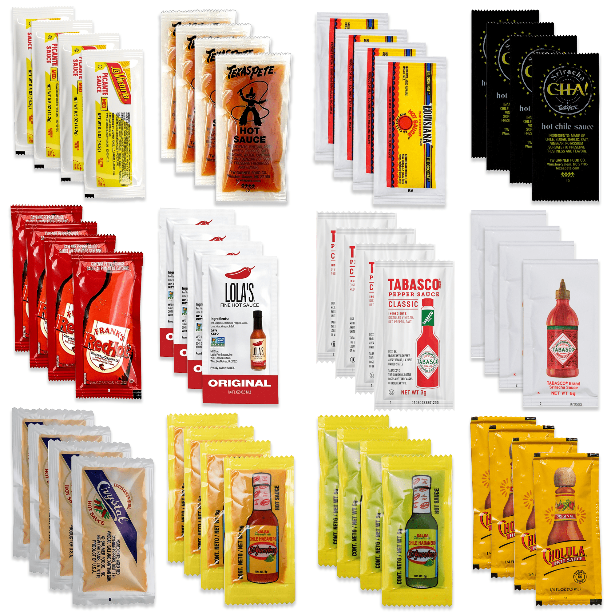 Hot Sauce Variety Pack of 48 Condiment Packets. 4 Each of 12 Flavors