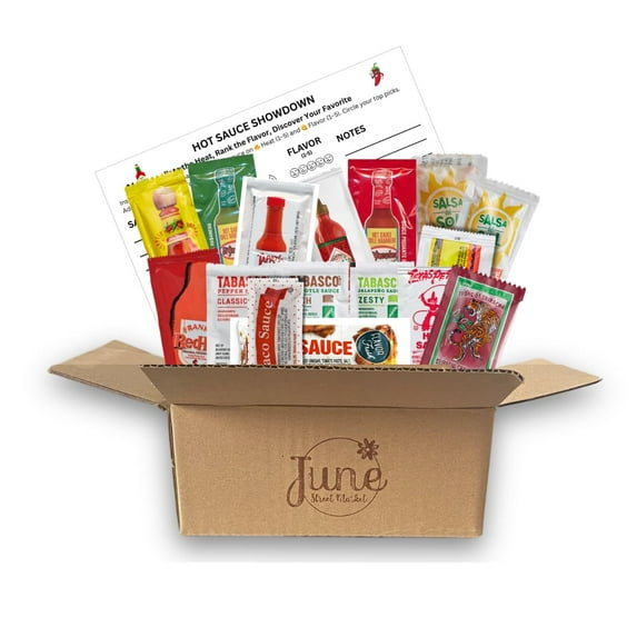 Hot Sauce Variety Pack Box 40 Single Serve Packets Up to 15 Brands Gift Box for Hot Sauce Lovers Travel Lunches Meal Prep by June Street Market