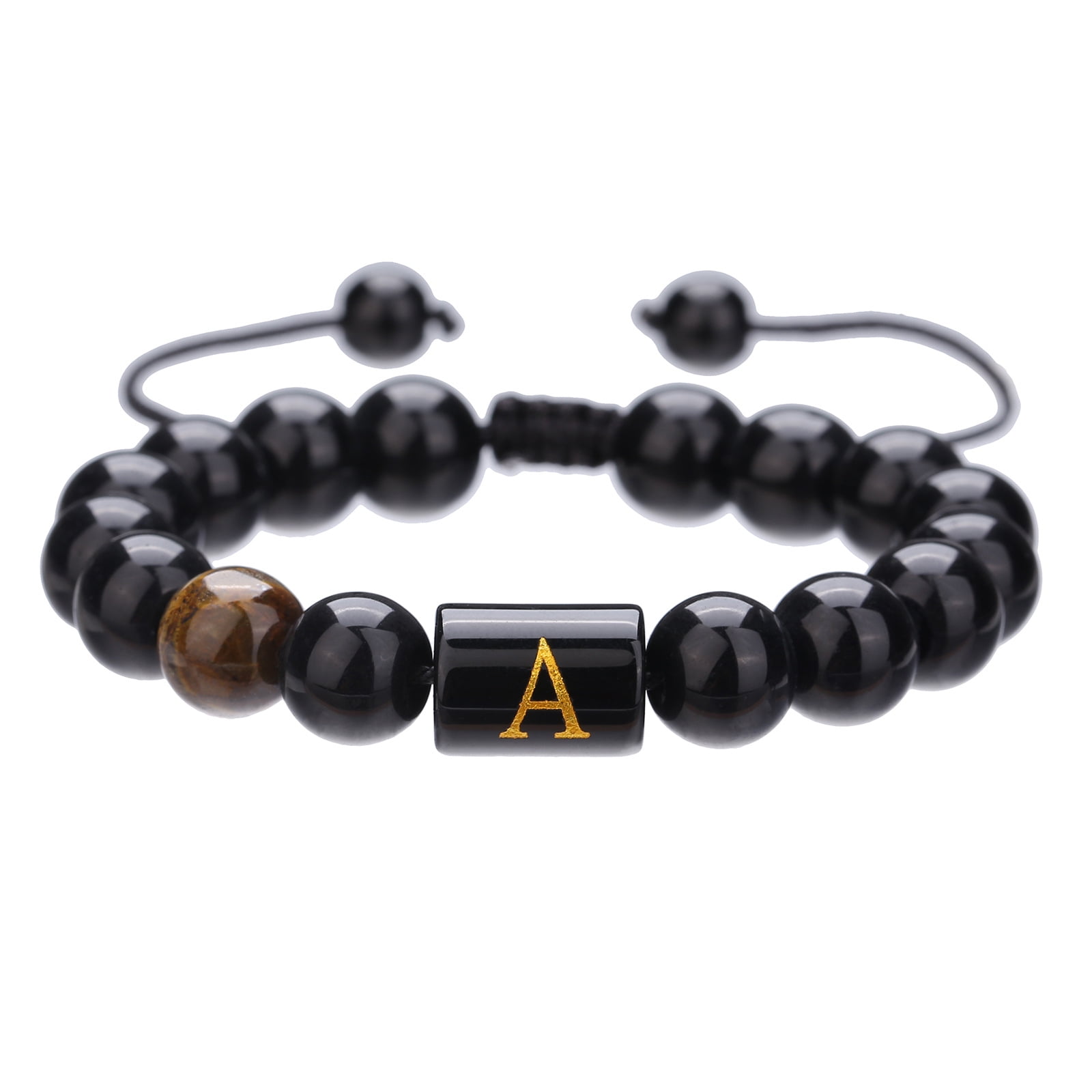 Hot Selling 10mm Black Onyx Bead Bracelet for Men - Adjustable Alphabet Initial Couples Bracelet