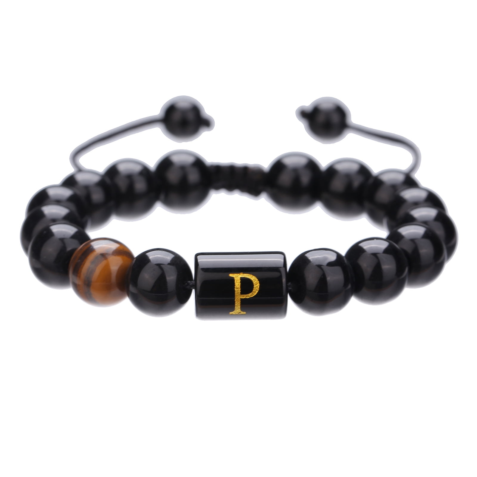 Hot Selling 10mm Black Onyx Bead Bracelet for Men - Adjustable Alphabet Initial Couples Bracelet