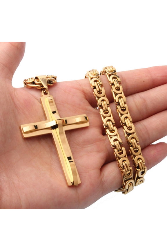 Hot Selling 14K Yellow Gold Cross Necklaces Crucifix Pendant & Necklace for men Vintage Men 6mm Byzantine Chain