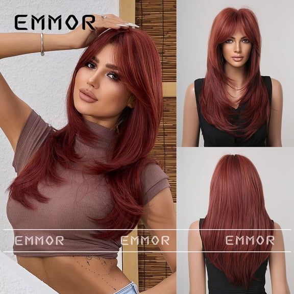 Hot Selling European and American Style Wig for Women with Bangs, Fluffy Wine Red Long Hair, Slightly Curly, Natural and Fashionable Synthetic Wig