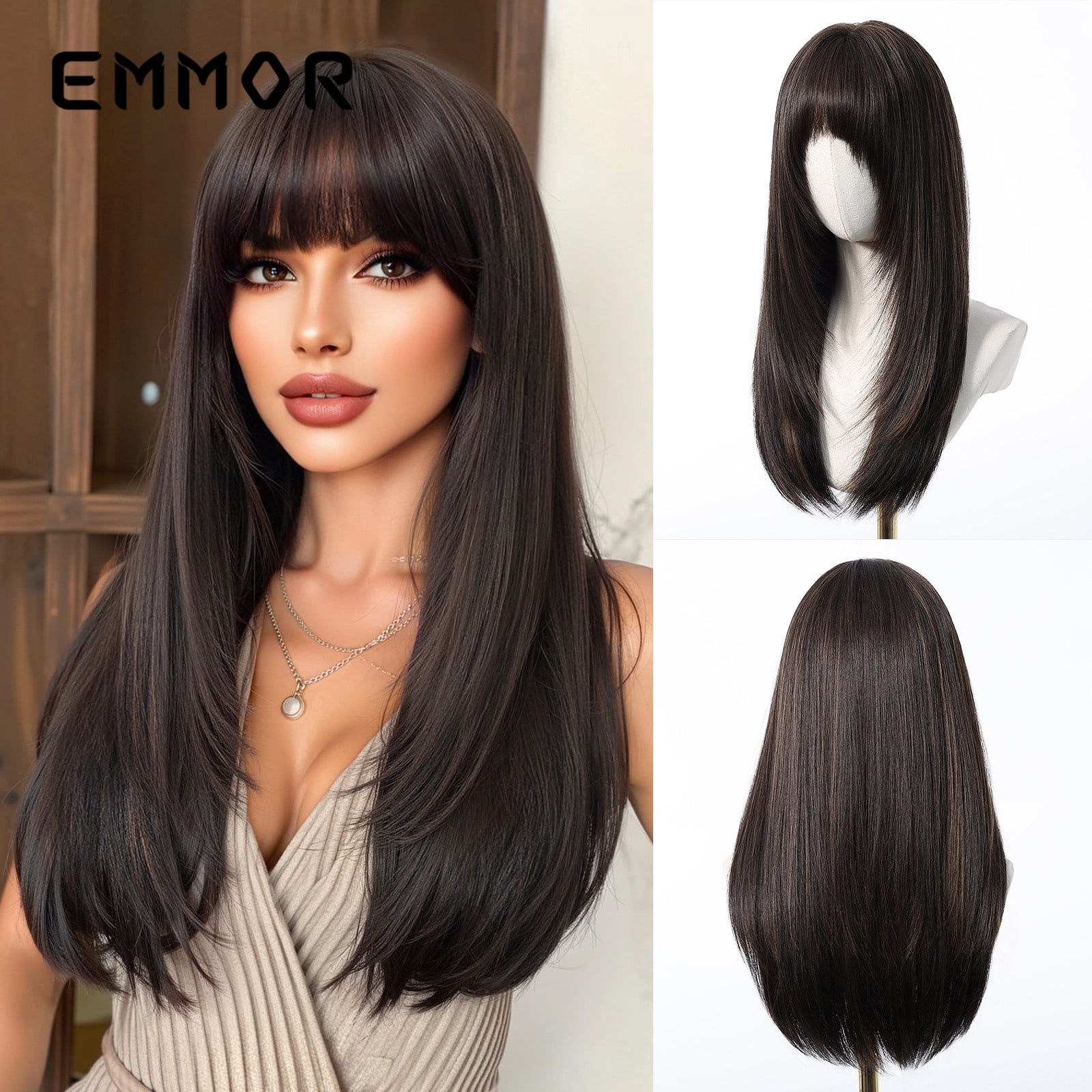 Hot Selling Export Bangs Layered Medium Length Straight Hair Highlighted Brown Fashion Wig Full Head Hairstyle Factory Direct Sale