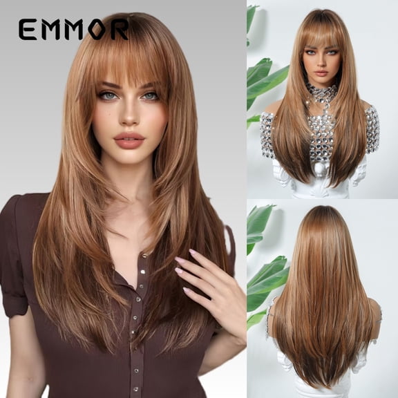 Hot Selling Export Bangs Layered Medium Length Straight Hair Highlighted Brown Fashion Wig Full Head Hairstyle Factory Direct Sale