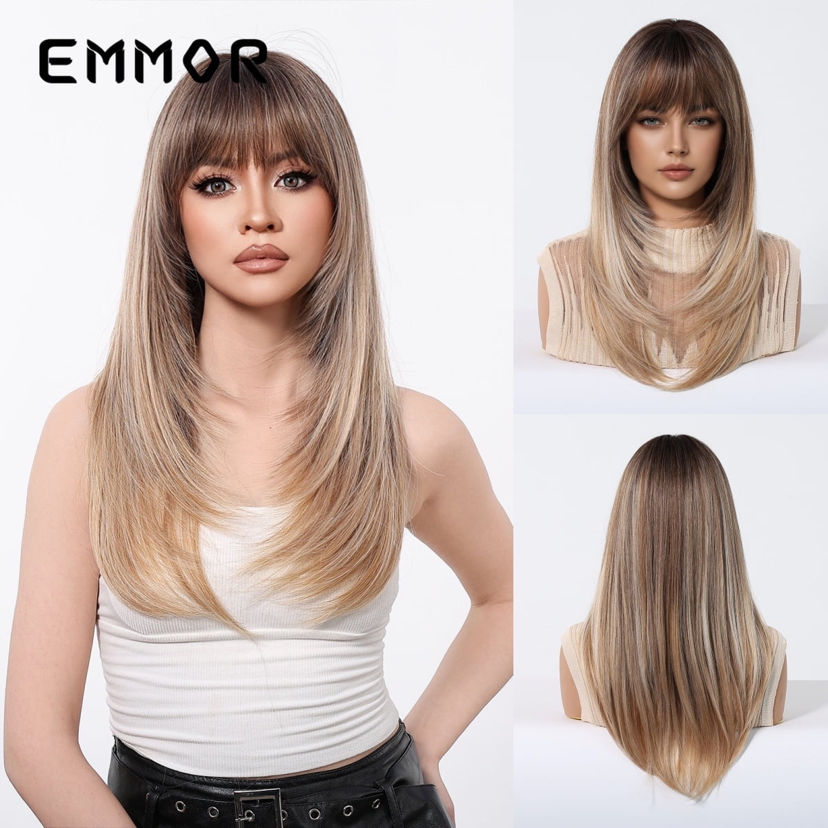 Hot Selling Export Bangs Layered Medium Length Straight Hair Highlighted Brown Fashion Wig Full Head Hairstyle Factory Direct Sale