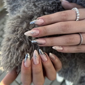 Hot Selling French 3D Silver Metallic Press-On Nails, Short Almond False Nail Tips