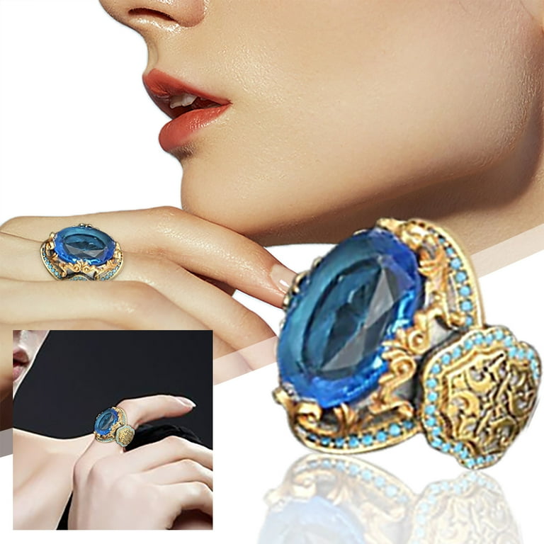 Hot Selling High Grade Two Color Jewelry Carved Pattern Gold Plated Blue Gemstone Ring Rings for Women Walmart