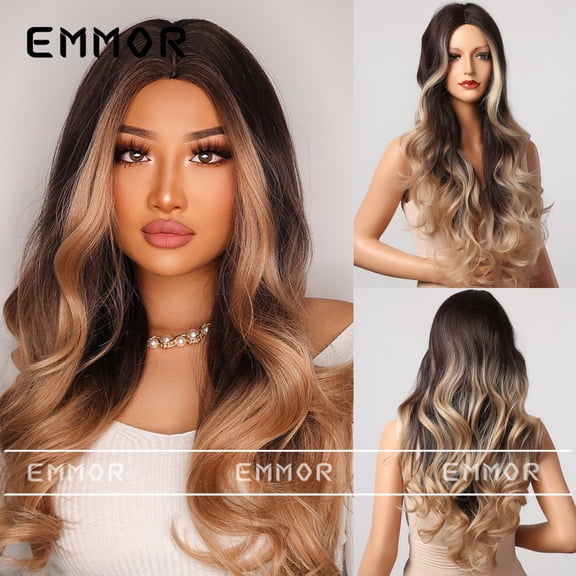 Hot-Selling High-Temperature Fiber Gradient Brown Big Wave Middle Part Long Curly Hair European and American Cross-Border Wig for Women Full Head Wig