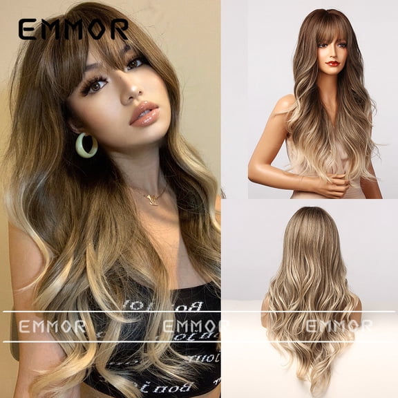 Hot-Selling High-Temperature Fiber Gradient Brown Big Wave Middle Part Long Curly Hair European and American Cross-Border Wig for Women Full Head Wig