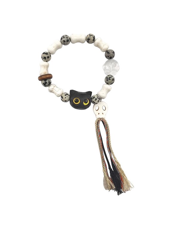 Hot-Selling Natural Stone Cat Head and Skull Tassel Bracelet - Handcrafted Boho Chic Bracelet with Unique Design - Trendy Handwoven Jewelry for Women