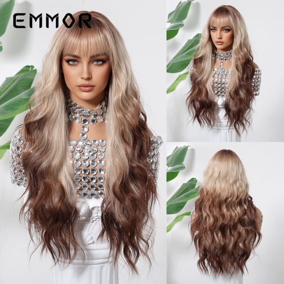 Hot-Selling Paris Dyeing Internet Celebrity Fashion Wig Air Bangs Long Curly Hair Big Waves Golden Gradient Full Wig for Women