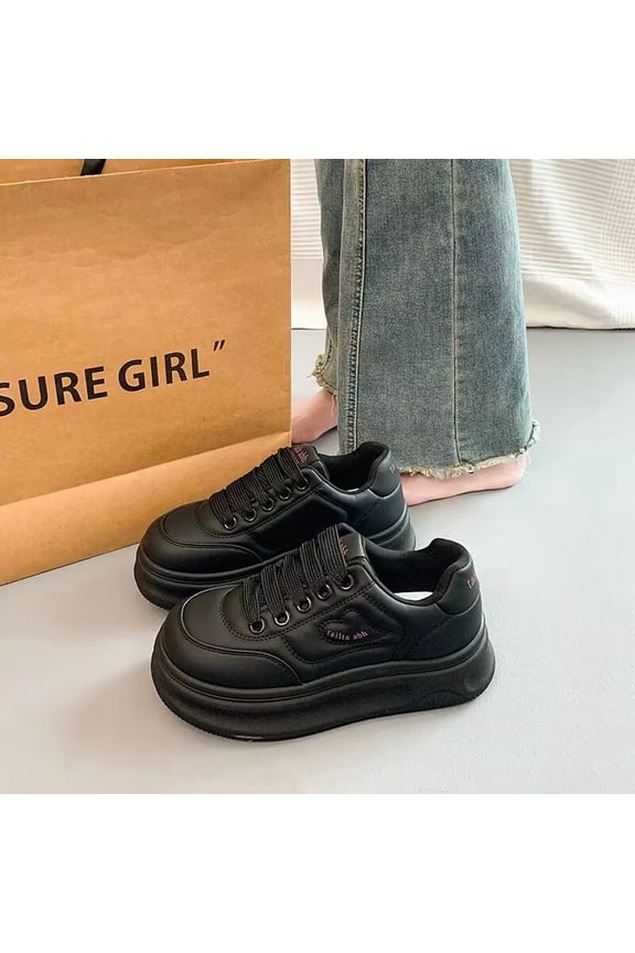Hot-Selling Women'S Bread Shoes 2025 New | Thick-Soled Versatile Super Popular White Shoes Soft-Soled Height-Increasing Casual Sports Sneakers | Solid Color, Spring Season, faux leather Upper, Mesh I