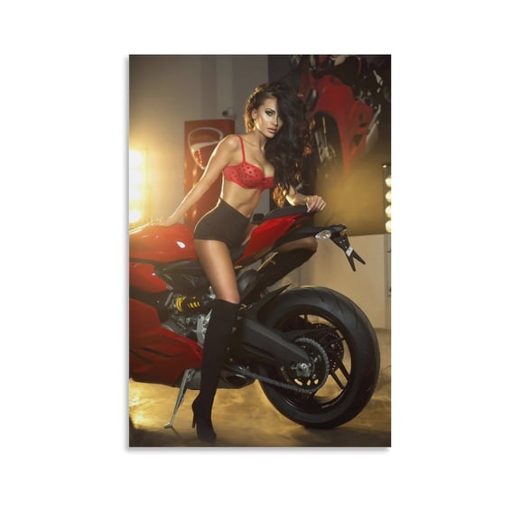 Hot Sexy Brunette Girl Body Model Red Motorcycle Retro Poster Canvas Art Poster and Wall Art Picture Print Modern Family bedroom Decor Posters 12x18inch(30x45cm)