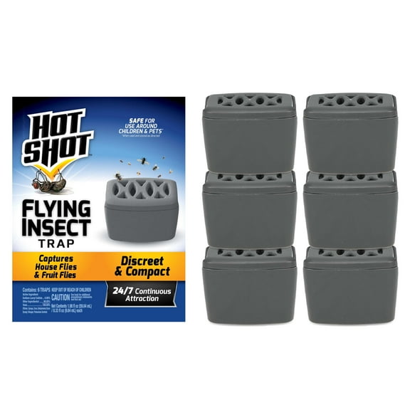Hot Shot Flying Insect Trap, Discreet, Hassle-Free Trap Attracts, Captures House Flies and Fruit Flies, 24/7 Continuous Attraction, No Plug-in Or Electricity Needed, 6 Count
