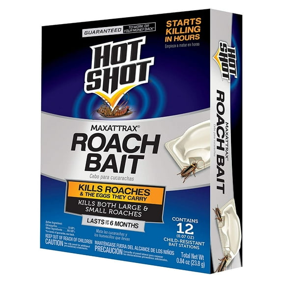 Hot Shot MaxAttrax Roach Bait 12 Count, Child-Resistant Bait Stations, 6-Pack