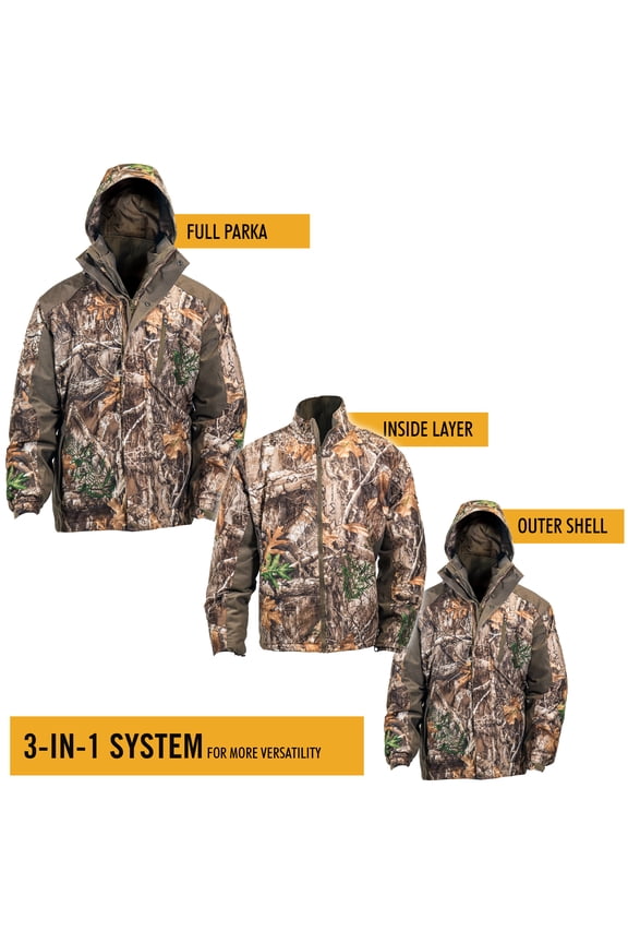 Men’s 3in1 Insulated RealTree Edge Camo Hunting Parka, Waterproof, Removable Hood, Year Round Versatility, Extra Large