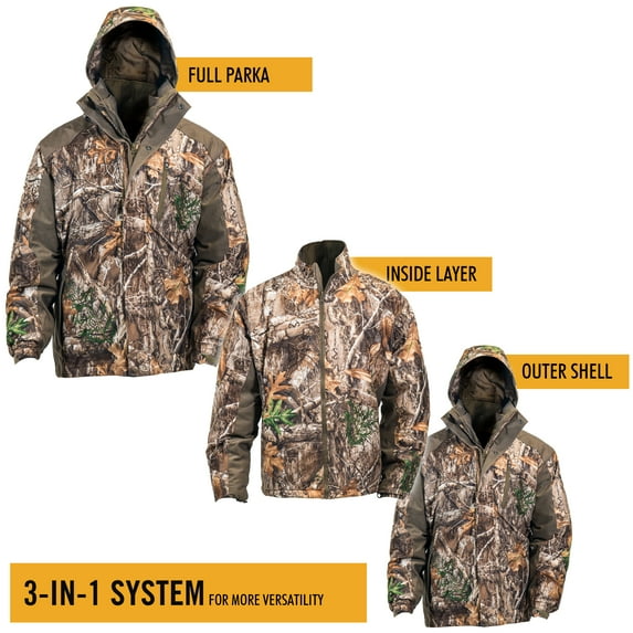 Hot Shot Men’s 3in1 Insulated RealTree Edge Camo Hunting Parka, Waterproof, Removable Hood, Year Round Versatility, Extra Large