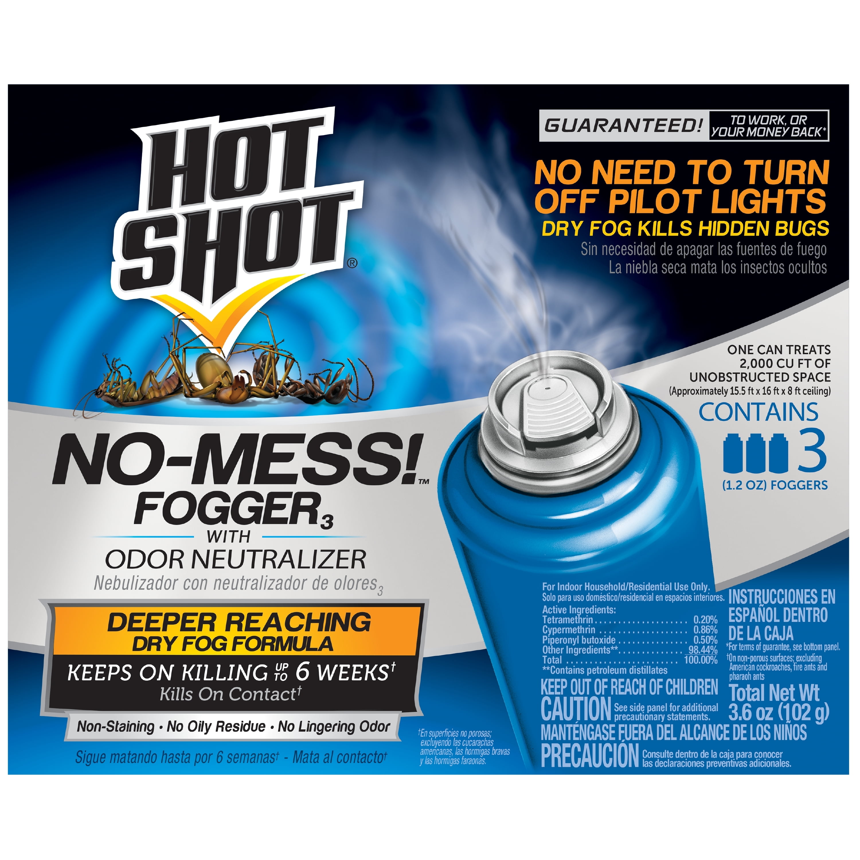Hot Shot NoMess! Fogger W/Odor Neutralizer 1.2oz Cans, 3 Pack, Kills Bugs