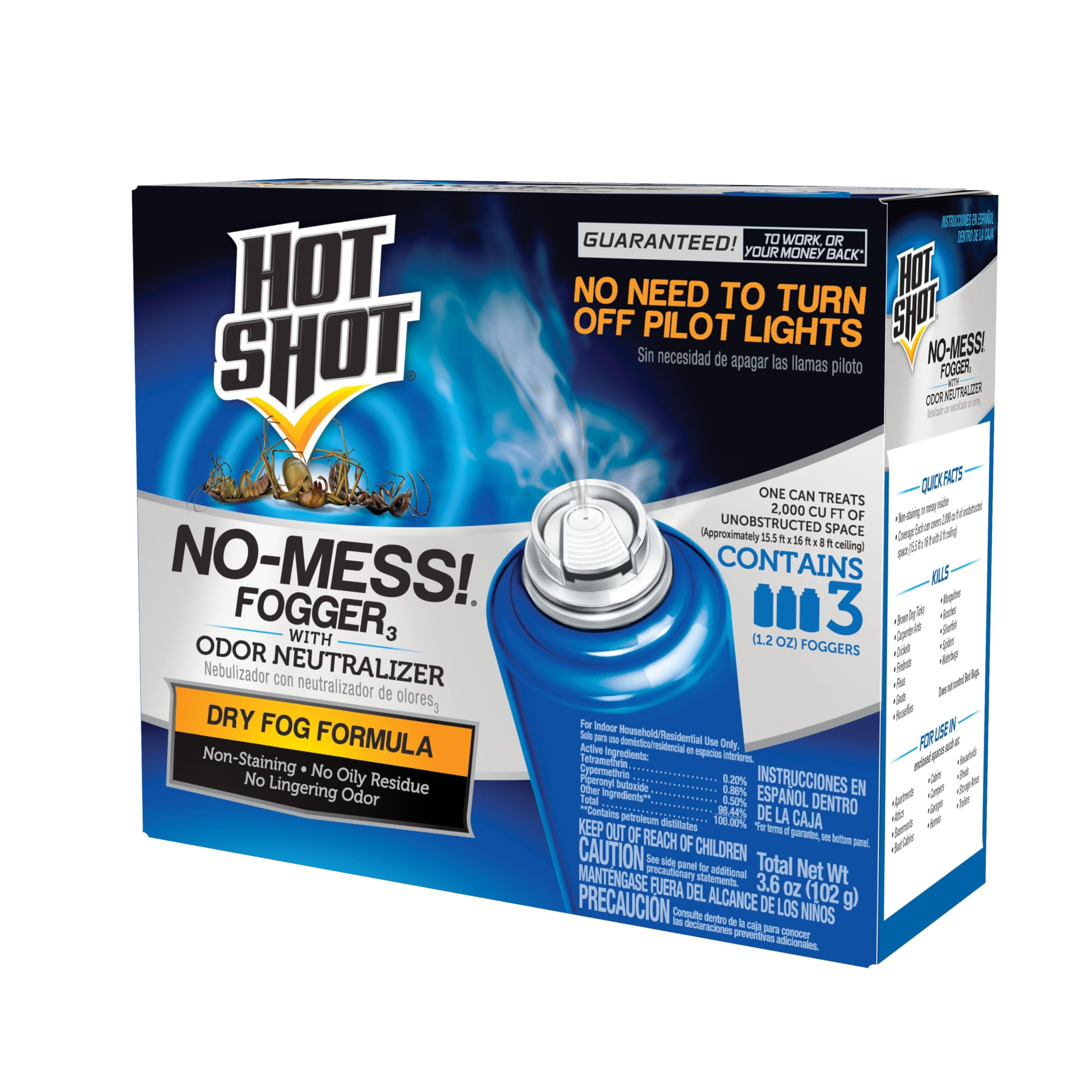Hot Shot No Mess! Fogger With Odor Neutralizer, Kills Carpenter Ants, Spiders & Fleas, 3 Count, 1.2 Ounce