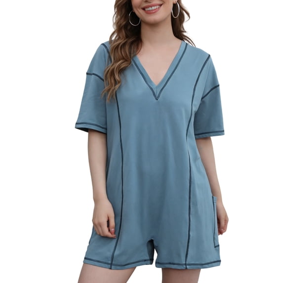 Hot Shot Tee Rompers for Women Summer Casual Oversized Athletic Contrast Stitching Jumpsuits