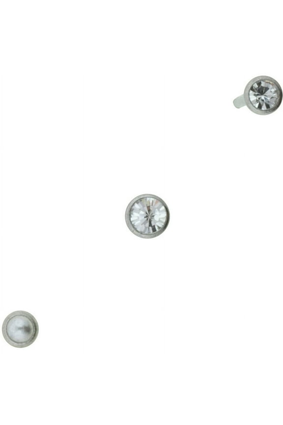 Hot Silver Men's Classic Pearl and Crystal, Surgical Steel 22G Nose Stud Trio, 3 Pieces