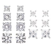 Hot Silver Sterling Silver CZ Stud Earrings Set, 7 Pairs, Round and Square