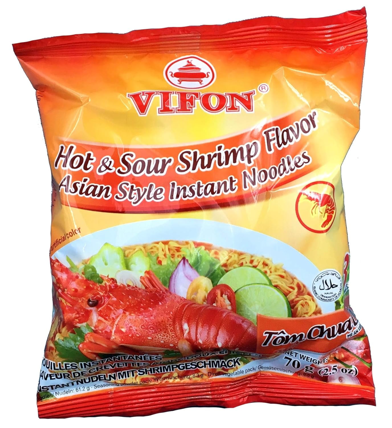 OMACHI Golden Potato Noodles - Hot & Sour Shrimp Flavor, Pack Of 30, Low Carb Healthy Instant Noodles