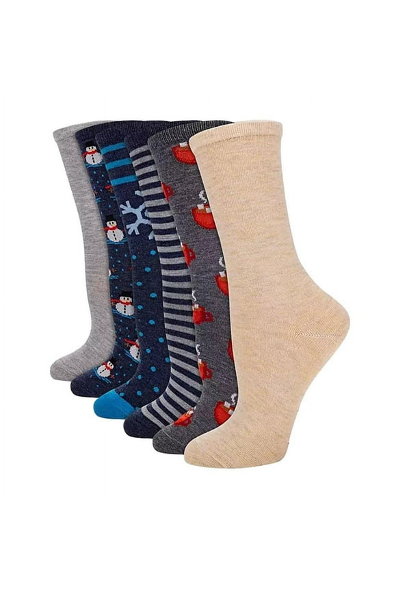 Women's 6 Pair Crew Socks Snowman Shoe Size 4-10
