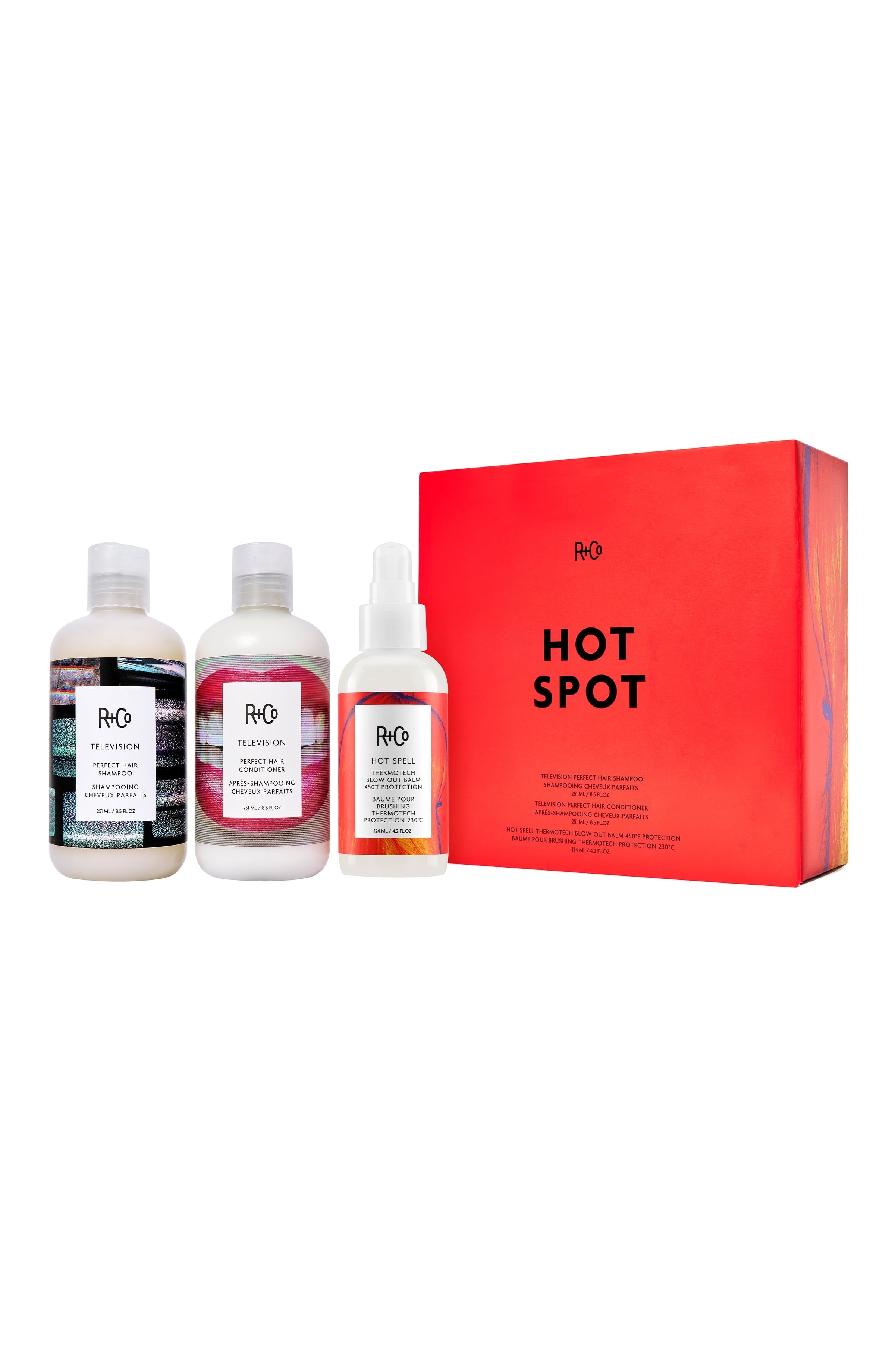 R+Co Hot Spot Limited Edition Kit including TELEVISION Perfect Hair Shampoo, TELEVISION Perfect Hair Conditioner, ThermoTech Blow Out Balm 450 F Protection ($110 Value)