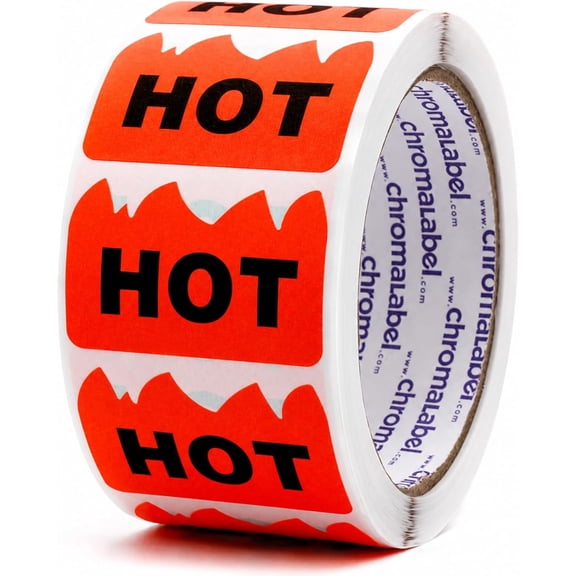 Hot Stickers, 2 x 1.25 Inch Fluorescent Red Orange Flame Labels, 500/Roll, Rave Hot Stickers for Parties, Festivals, Events, Hot Sauce, Spicy Food & Retail Marking