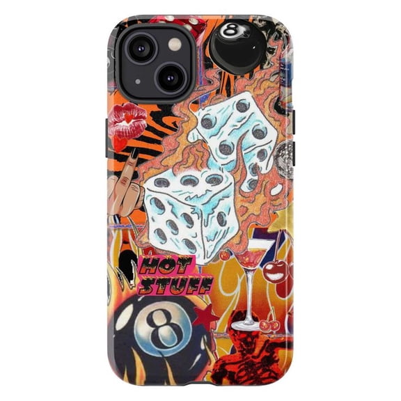 Hot Stuff Dice Collage Phone Case, Retro Flames and Billiard 8 Ball Artistic iPhone Cover, Trendy Protective Case for iPhone 17 16 15 14 13 12 11 Plus Pro Max Mini