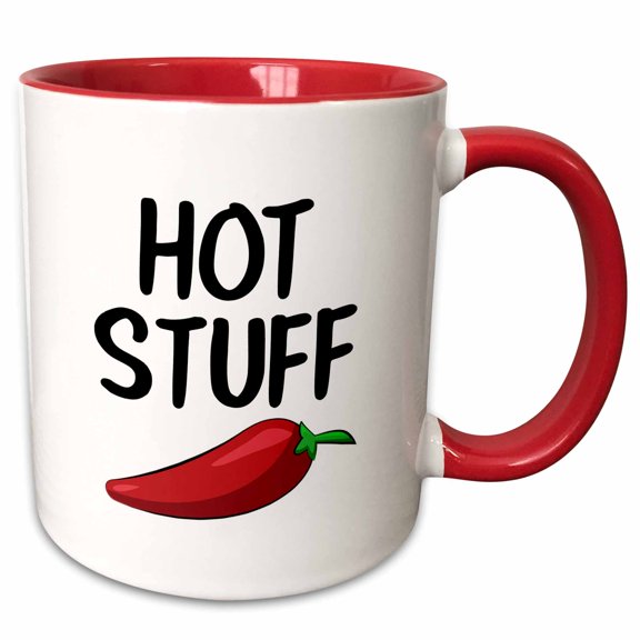 3drose, Hot Stuff with Red Pepper. Black Lettering on White Background., 11oz Two-tone Red Mug