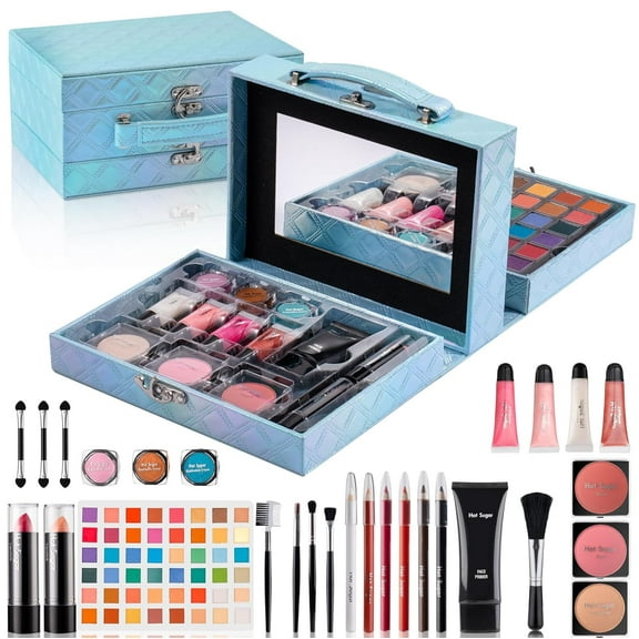 Hot Sugar Makeup Kit for Preteen Girls 10-12, Birthday Christmas Makeup Gift Set for Teens 16-18, All in One Beginner Makeup Kit for Women Full Kit (Blue Diamond)