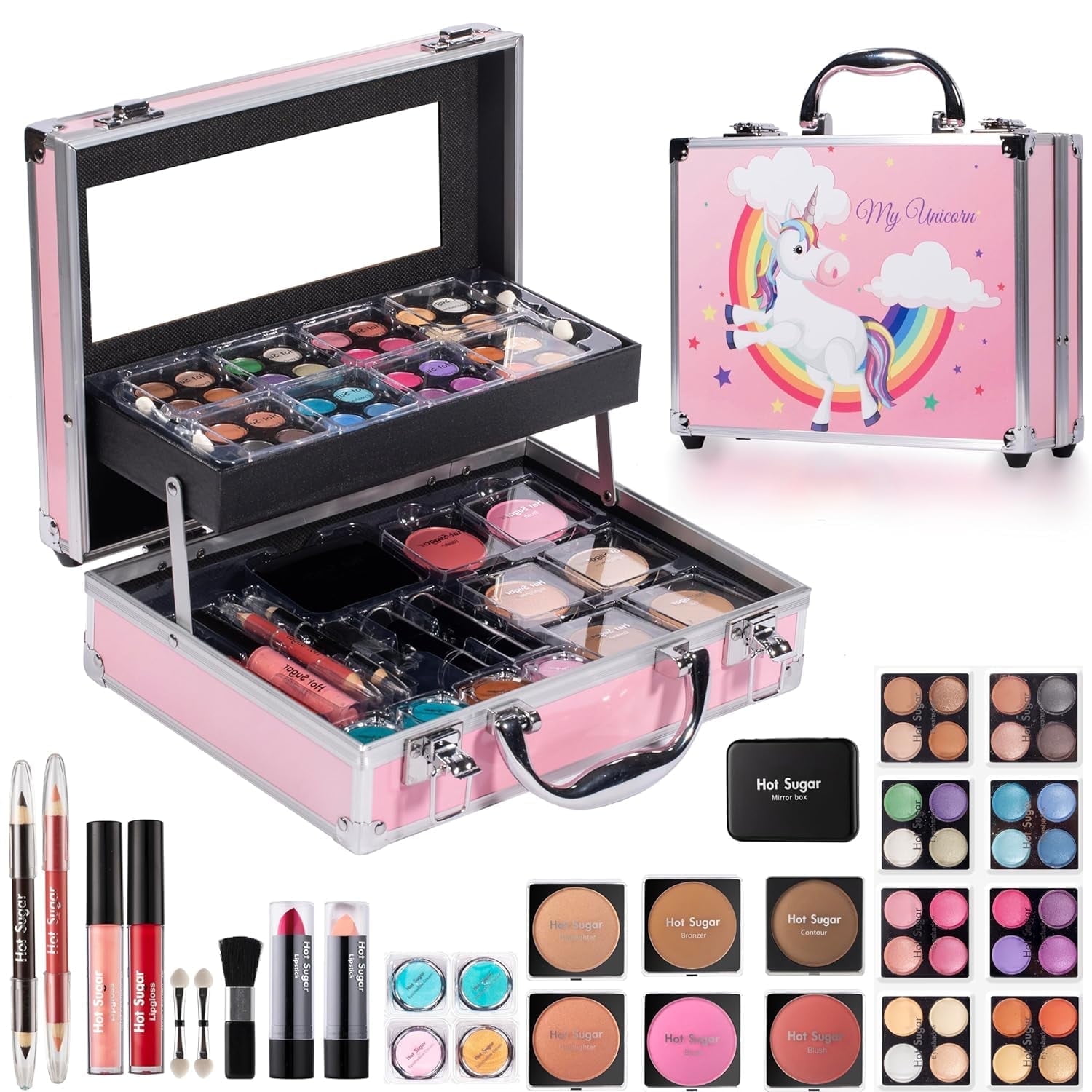 Hot Sugar Makeup Kit for Girls, Kids Makeup Set with Unicorn Train Case Includes Eyeshadow Palette, Blush, Lipstick, Lip Pencil, Eye Pencil