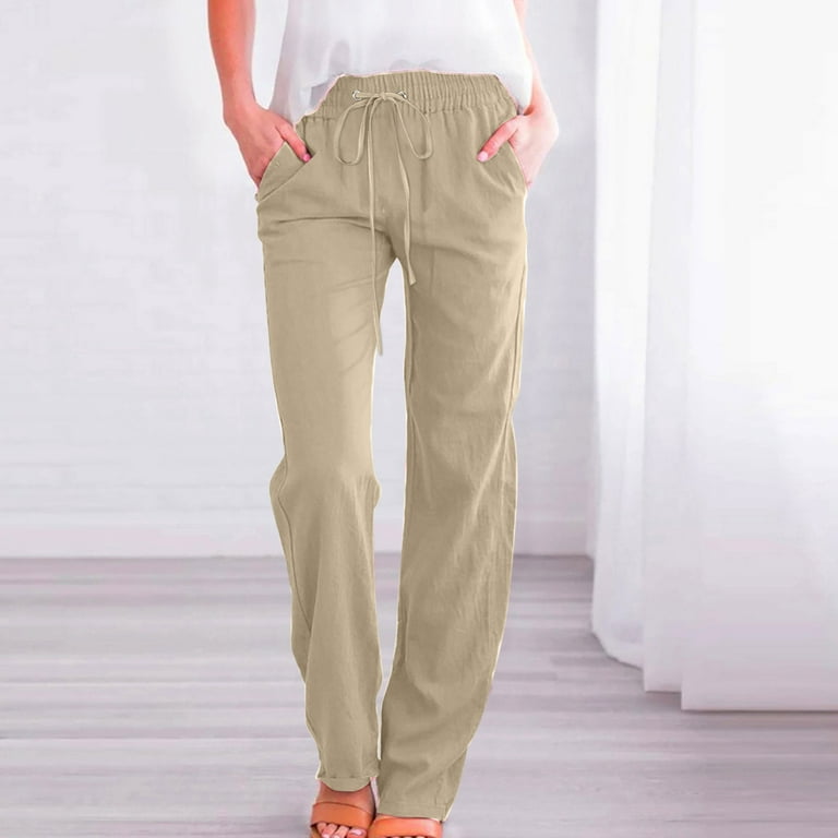 Hot Summer Cool Price,POROPL Fashion Casual Solid Elastic Loose Straight  Wide Leg Pants Work Pants for Women High Waisted Clearance Beige Size 6