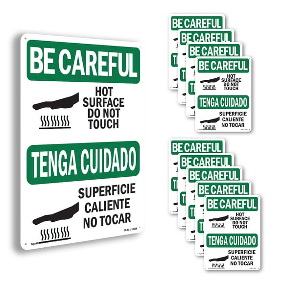 Hot Surface Do Not Touch Bilingual OSHA Be Careful Rigid Plastic Sign 14 Inch x 10 Inch - 10 Pack