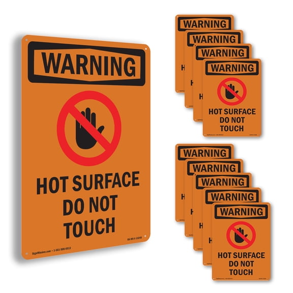 Hot Surface Do Not Touch With Symbol OSHA WARNING Aluminum Sign 10 Inch x 7 Inch - 10 Pack