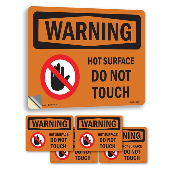 Hot Surface Do Not Touch With Symbol OSHA WARNING Vinyl Decal Label 10 Inch x 7 Inch - 5 Pack