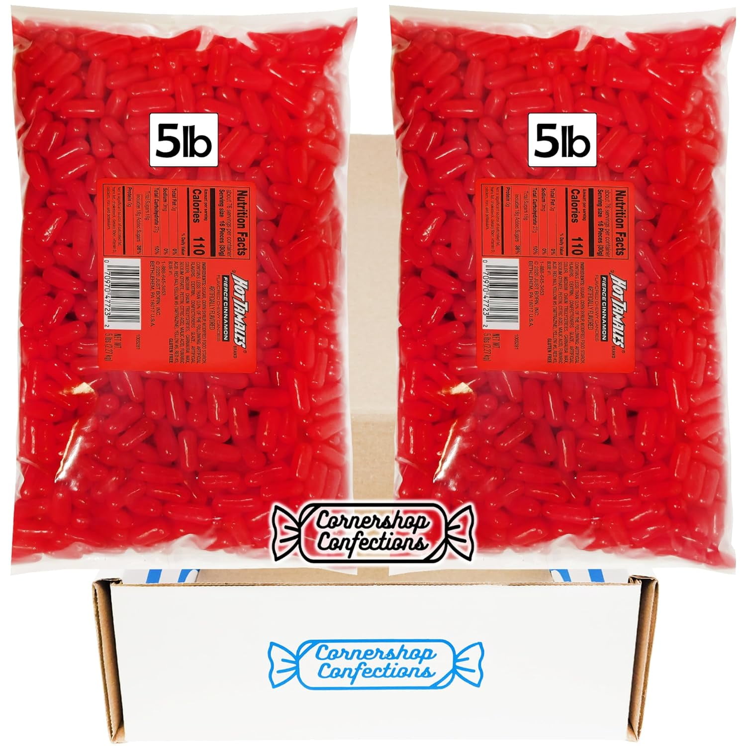 Hot Tamales Fierce Cinnamon Candy Bulk Pack - 10 Pounds Total - Gluten-Free Cinnamon Flavored Chewy Candies - Over 2400 Pieces - 2 Separate 5 Pound Bags In Protective Packaging