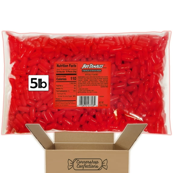 Hot Tamales Fierce Cinnamon Candy Bulk Pack - 5 Pounds Total - Gluten-Free Cinnamon Flavored Chewy Candies - Over 1200 Pieces - 5 Pound Bag In Cornershop Confections Protective Pack