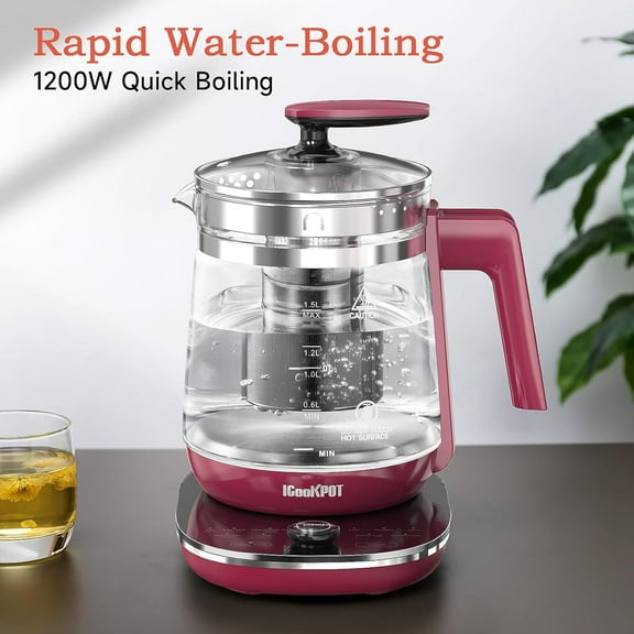 Hot Tea Maker Glass Electric Kettle with Tea Infuser and Temperature Control, 1.5L Stainless Steel Tea Maker & 1200W Rapid Boiling, Programmable Control for your Favorite Teas and Coffee, Red