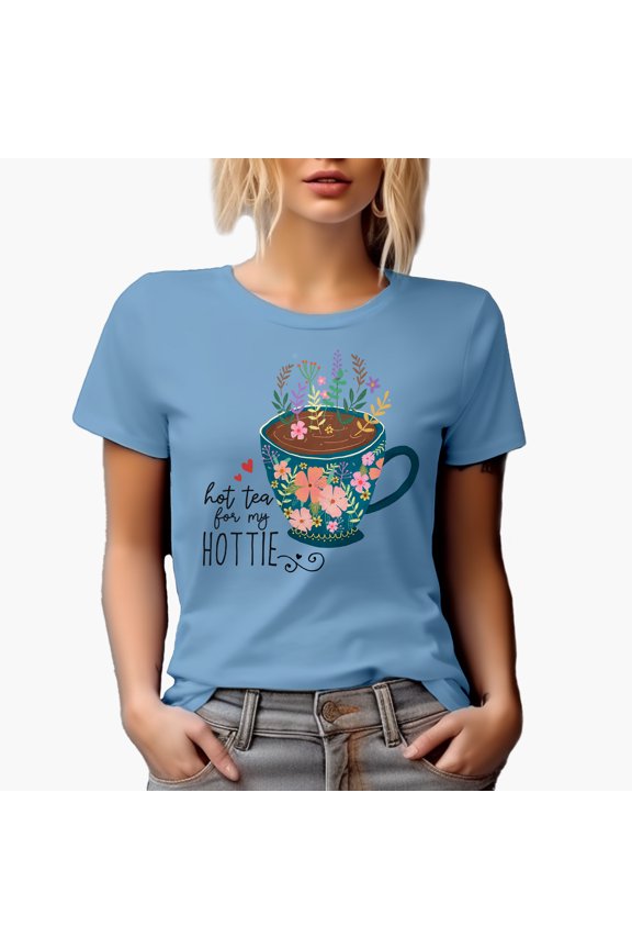 Hot Tea for my Hottie Quote & Cute Hand Drawn Teacup with Flowers Art Merch Gift, Baby Blue T-Shirt, Large