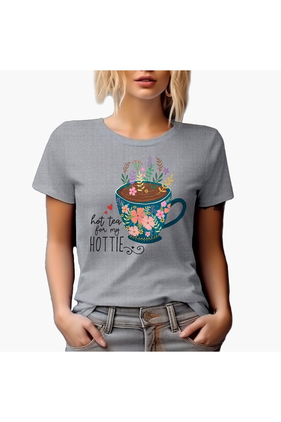 Hot Tea for my Hottie Quote & Cute Hand Drawn Teacup with Flowers Art Merch Gift, Heather Grey T-Shirt, Medium