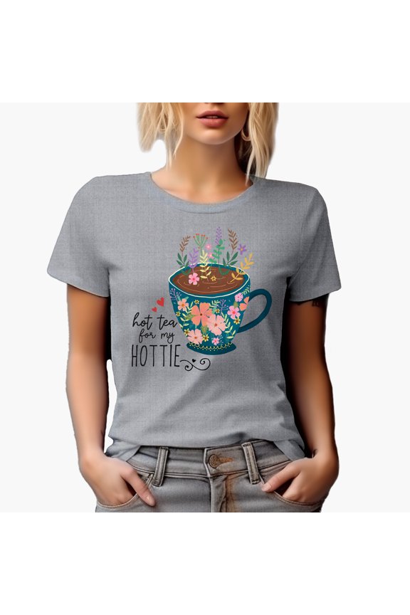 Hot Tea for my Hottie Quote & Cute Hand Drawn Teacup with Flowers Art Merch Gift, Heather Grey T-Shirt, Small