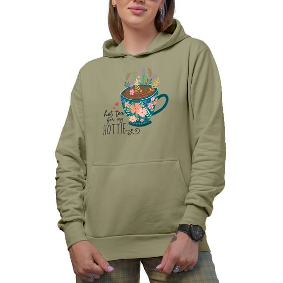 Hot Tea for my Hottie Quote & Cute Hand Drawn Teacup with Flowers Art Merch Gift, Sand Hooded Sweatshirt or Hoodie, 2XL