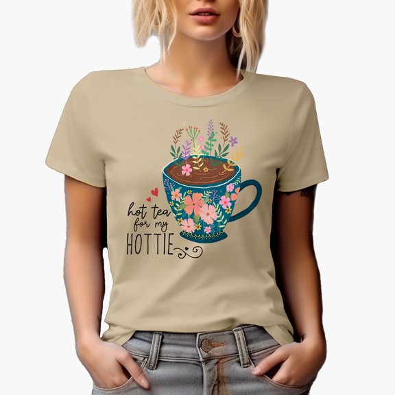 Hot Tea for my Hottie Quote & Cute Hand Drawn Teacup with Flowers Art Merch Gift, Tan T-Shirt, 2XL