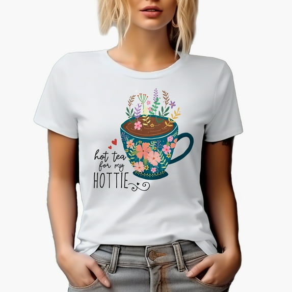 Hot Tea for my Hottie Quote & Cute Hand Drawn Teacup with Flowers Art Merch Gift, White T-Shirt, 2XL