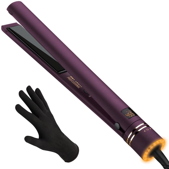 Hot Tools Pro Artist Black Gold Ceramic Ionic Flat Iron, 1" Plates, Purple, 455F High Heat, Corded Electric, Small Size with Glove, Model HT7122ULT