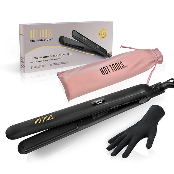 Hot Tools Pro Signature Ceramic Tourmaline Flat Iron with Sleek Results, 1" Plates, Black, 450F High Heat Electric, For All Hair Types
