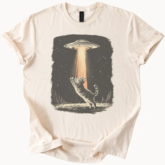 Hot Trending Alien Abduction Cat T-Shirt Funny UFO Graphic Tee Design Preview Only
